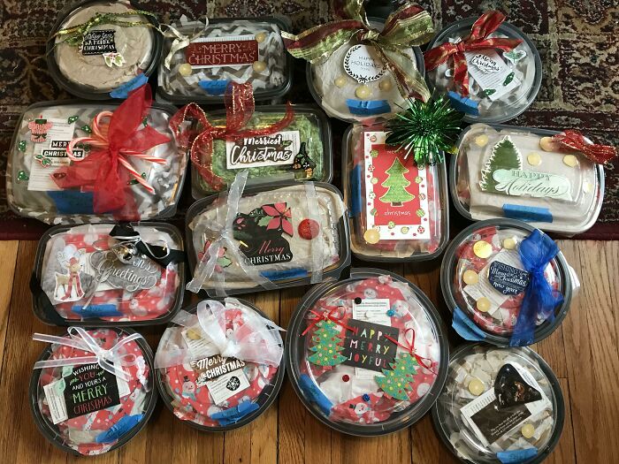 Holiday gift packages wrapped with bows and festive tags, illustrating creative anti-consumption ideas shared online.