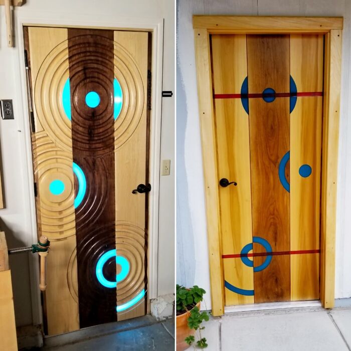 Two handcrafted wooden doors with blue and red circular designs showcasing advanced woodworking skills.