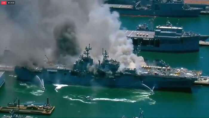 Uss Bonnehome Richard On Fire In San Diego