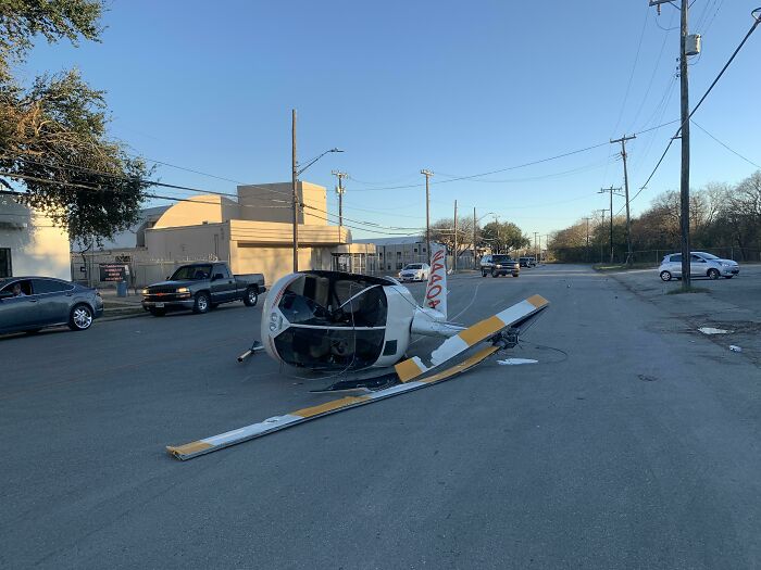 Catastrophic Driveline Failure 700' Up. I Avoided Most Of The Wires But Caught Two Small Utility Lines Right Before We Set Down. I Broke 2 Ribs, Passengers Were Unharmed. (Oc)