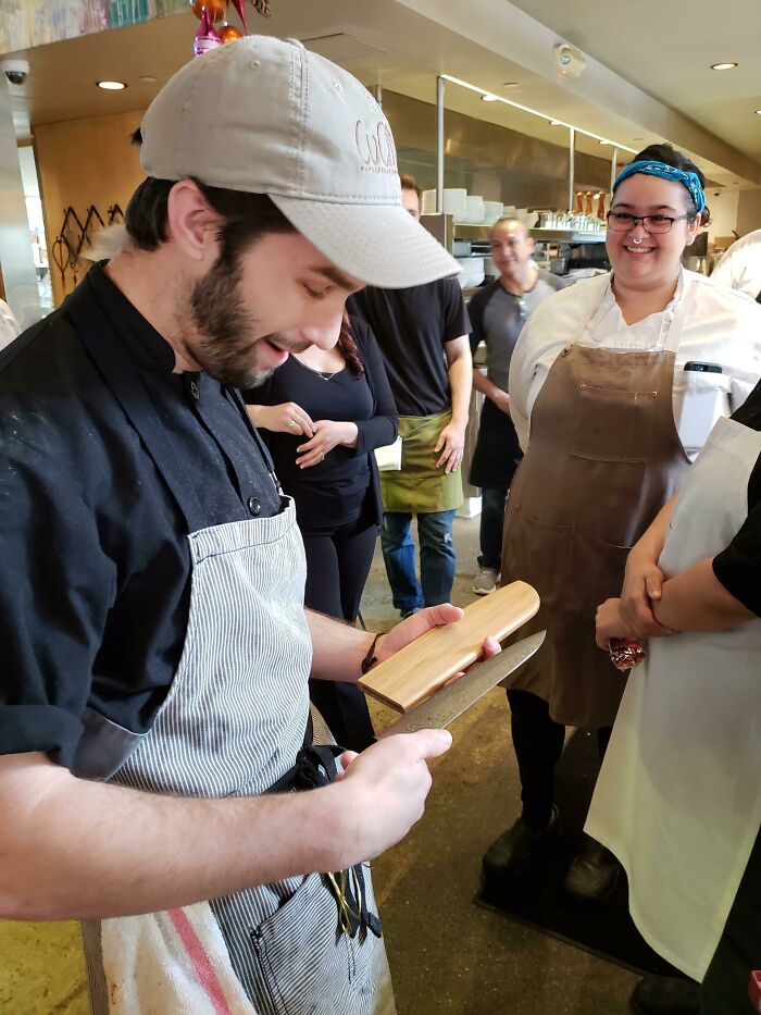 Everyone Pitched In To Buy A Nice Knife For Him. He Always Gives It His All And Is The Sweetest Person!