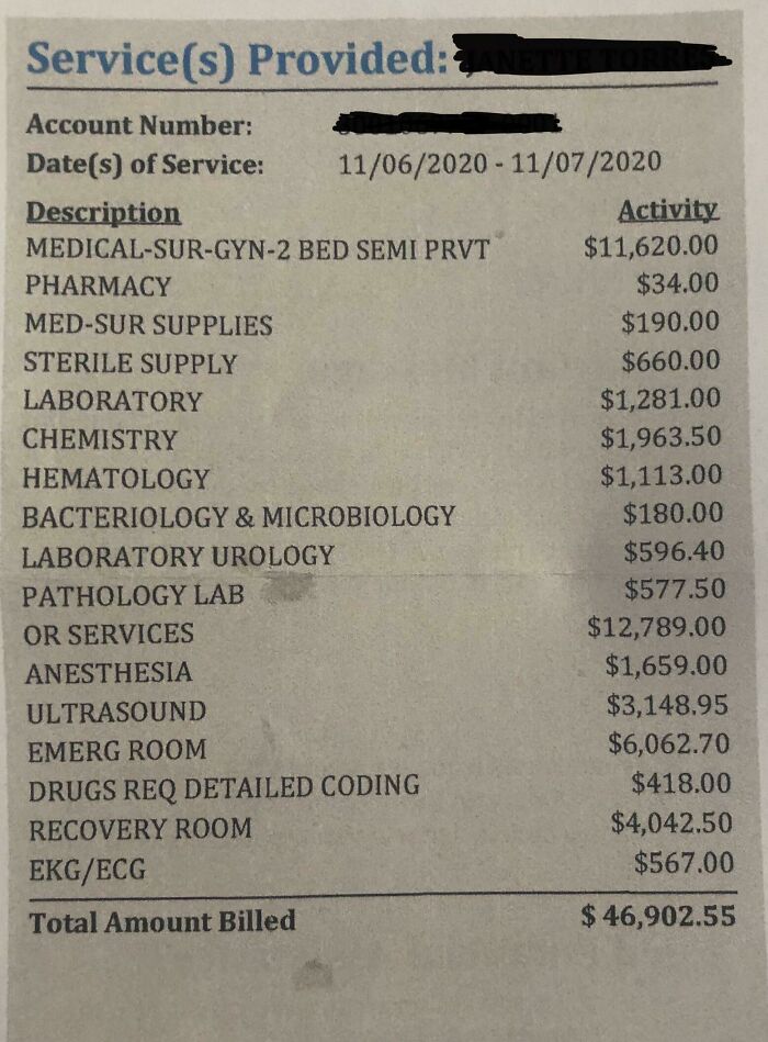 My Mother’s Hospital Bill Of When She Went To The Er Cause Of Her Gallbladder And Had To Have Emergency Surgery. She Was In The Hospital For One Day
