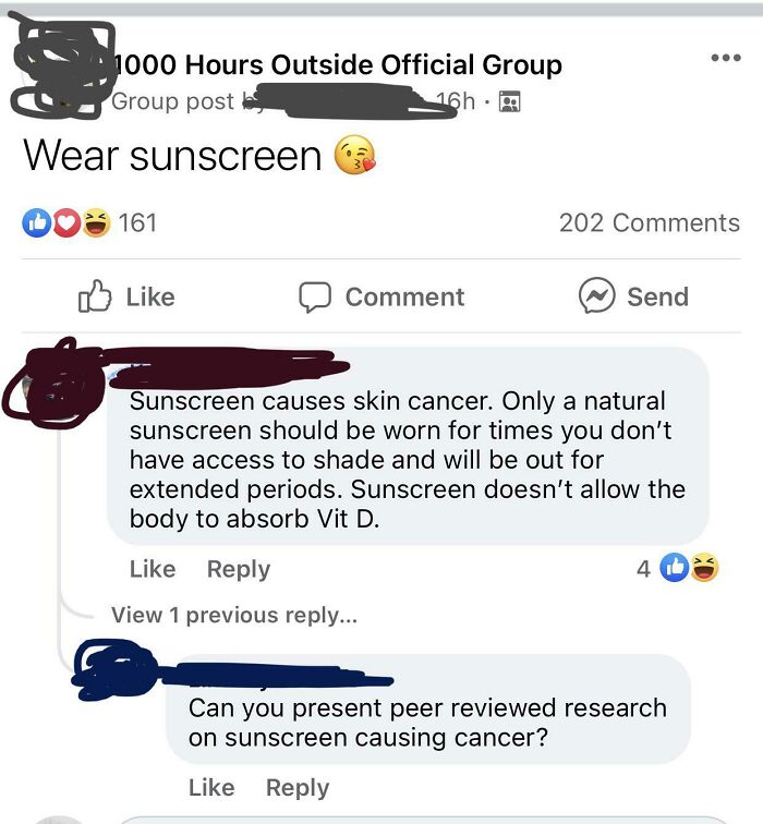 Screenshot of a heated online discussion where insane parents get shamed over sunscreen myths and skin cancer claims.
