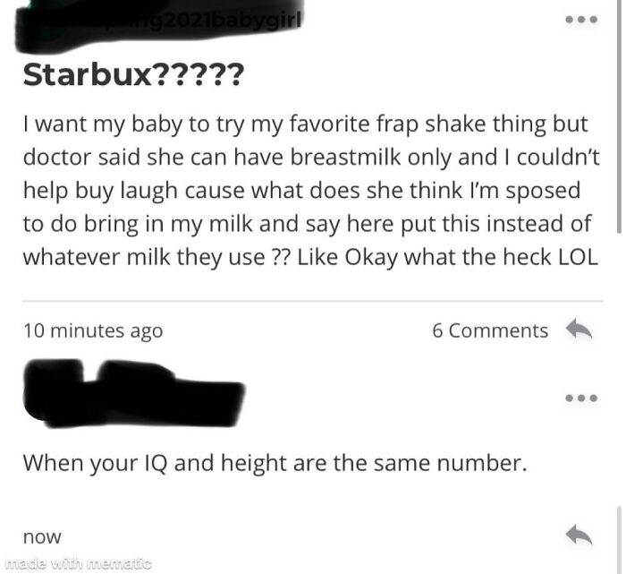 Screenshot of an online community post where a parent is shamed for wanting their baby to try a frappuccino despite breastfeeding rules.