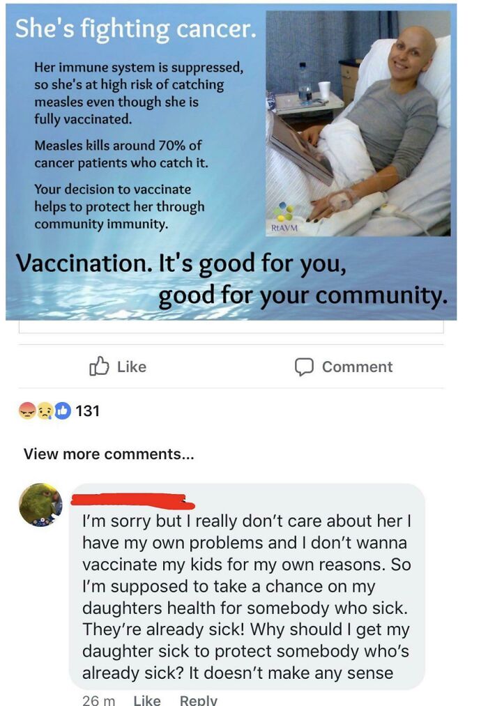 Cancer patient in hospital bed highlights importance of vaccination for community immunity and protecting vulnerable people.