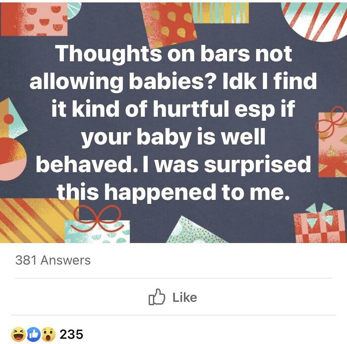 Screenshot of a parent sharing frustrations about bars not allowing babies and feeling hurt despite well-behaved child.