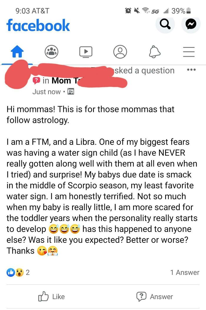 Facebook post from a parent discussing fears about having a water sign child, related to insane parents shamed online.