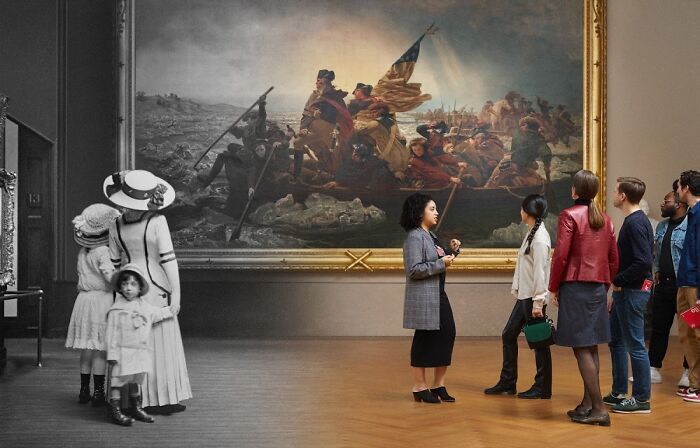 Visitors observing a historic painting, showcasing then and now pics to illustrate how time changes things.