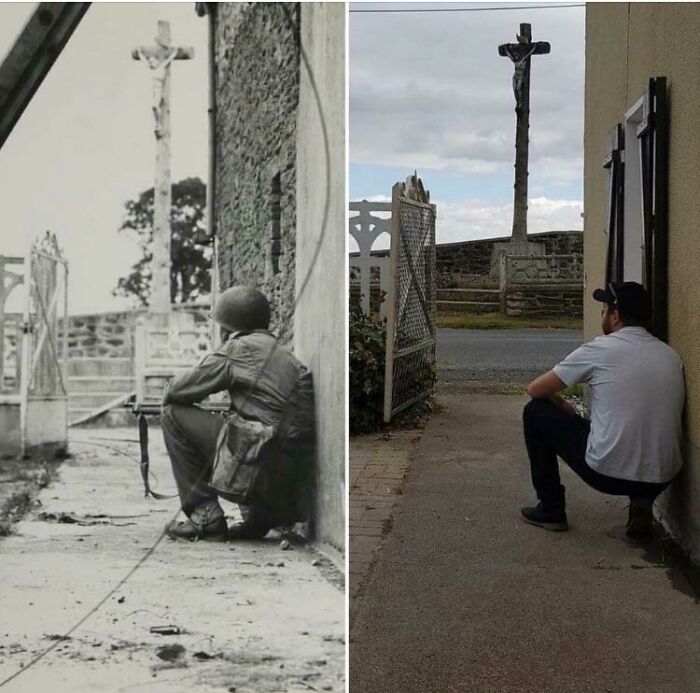 1944: American Soldier Of The 5th Infantry Division In Montrabot, Normandy, France. 2020: Dave In Montrabot, Normandy, France.