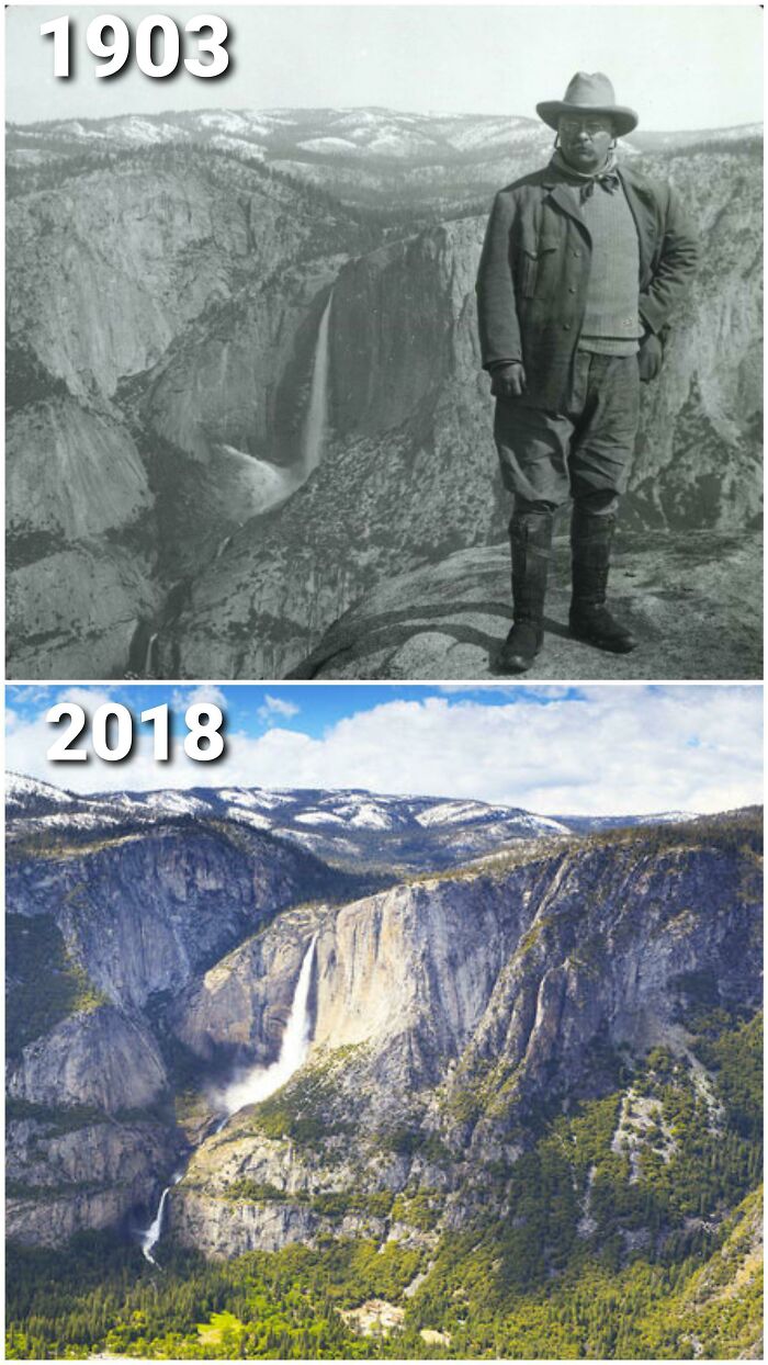 Then and now pics showing Yosemite waterfall and surrounding landscape changes over time with a man in vintage clothing.