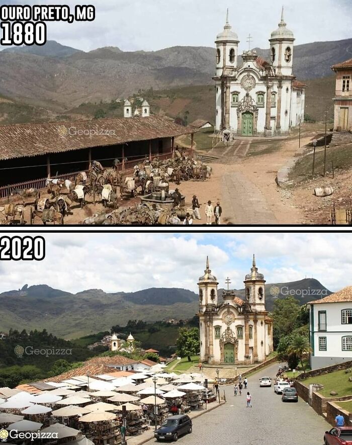 Then and now pics of Ouro Preto, MG showing historic architecture and town changes over time in a before and after comparison.