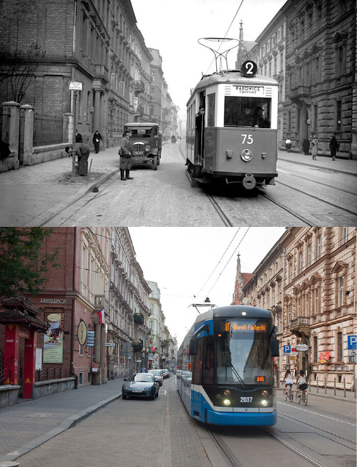 Then and now pics showing how time changes urban street scenes with trams and surrounding architecture.