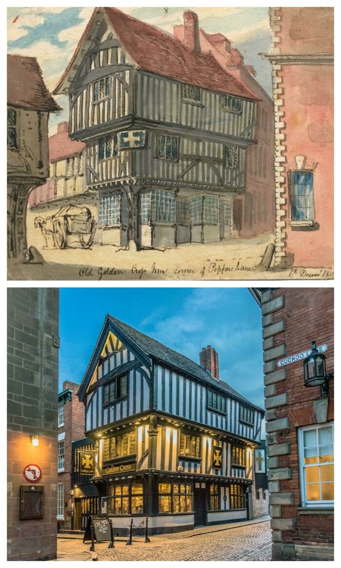 Then and now pics showing the transformation of a historic timber-framed building over time with changes in surroundings and lighting.