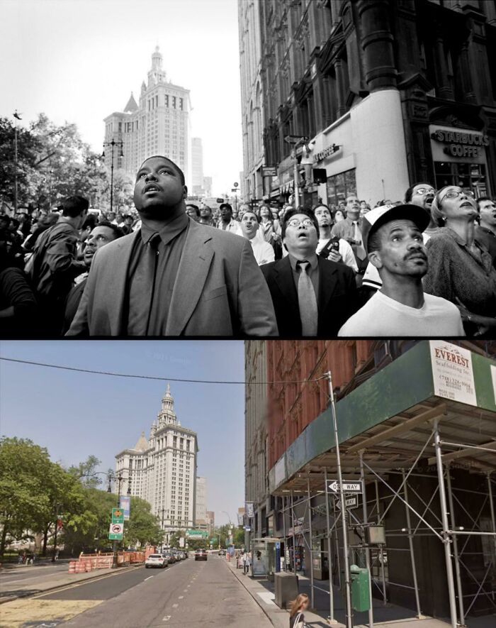 A Crowd Of People Look Up Just As The South Tower Of The World Trade Center Collapses (September 11th, 2001)