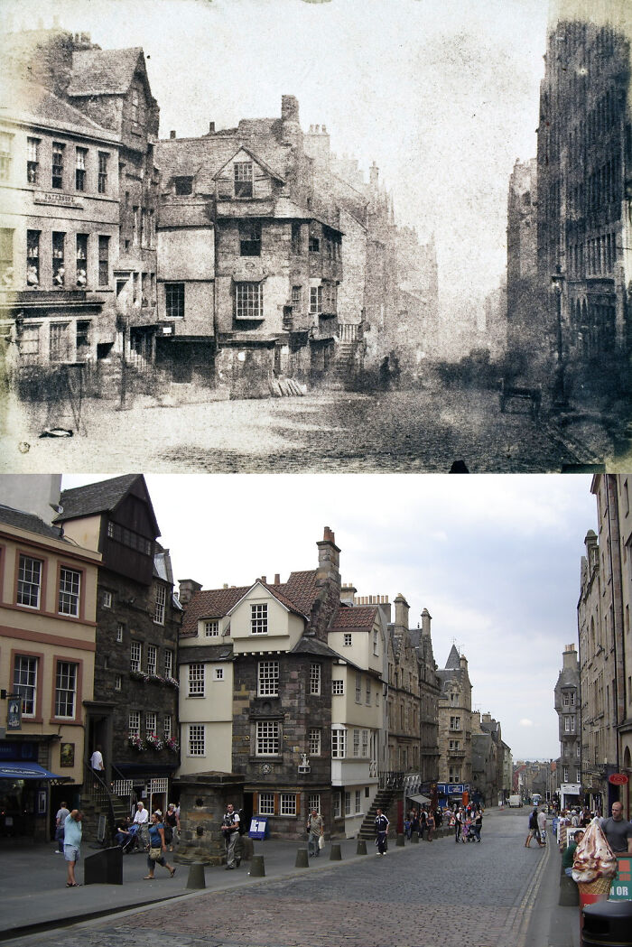 Then and now images of a historic city street showing how time changes buildings and urban life in a popular location.