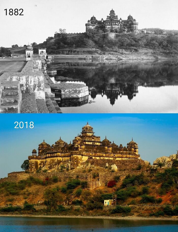 Bir Singh Dev Palace, Datia, Madhya Pradesh, India. 1882 And 2018. It Was Built In 1662.