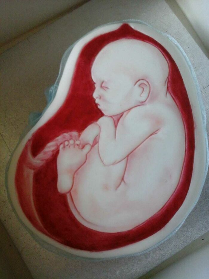 Funny cake fail depicting a realistic fetus design, highlighting humorous baking mishaps.