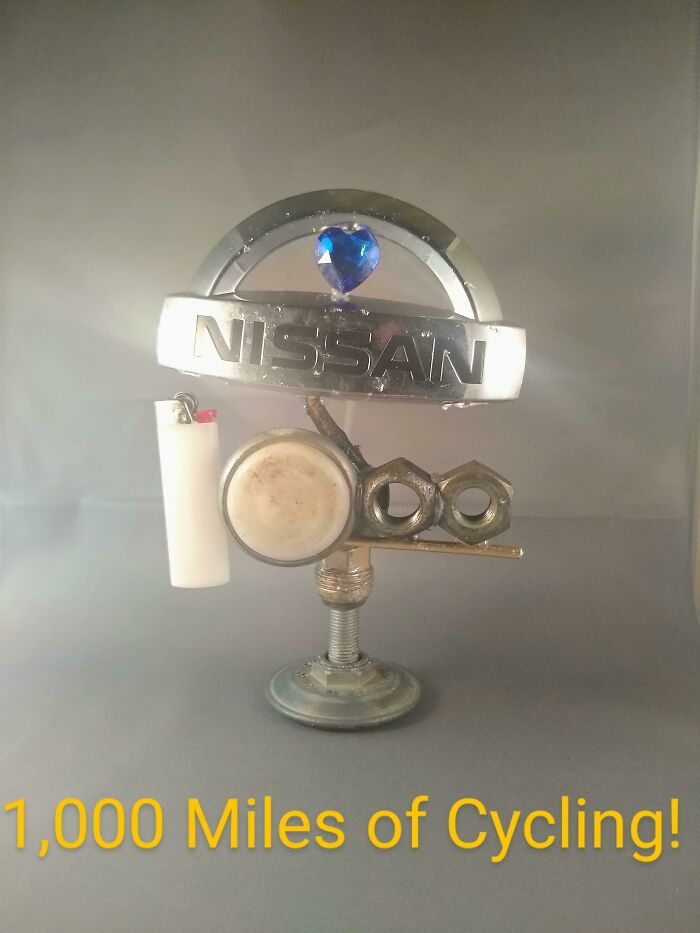 I Made A Trophy For Myself, In Celebration Of 1000 Miles Of Riding My Bike, Using Only The Stuff That I Found In The Road While Riding (And Hot Glue). Yes, I'm Weird. Enjoy