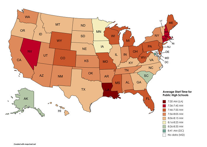 Average Start Time For Public High Schools In Each Us State