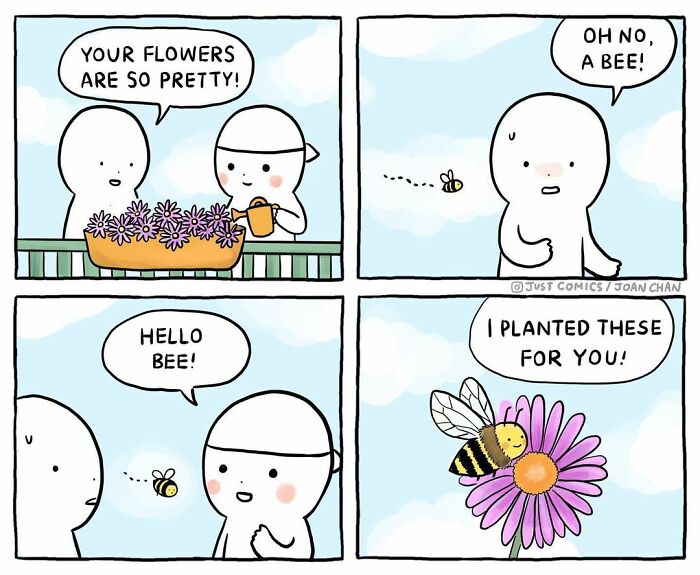Comic panels showing a person appreciating flowers, a bee approaching, and a message about kindness in animal a***e awareness.