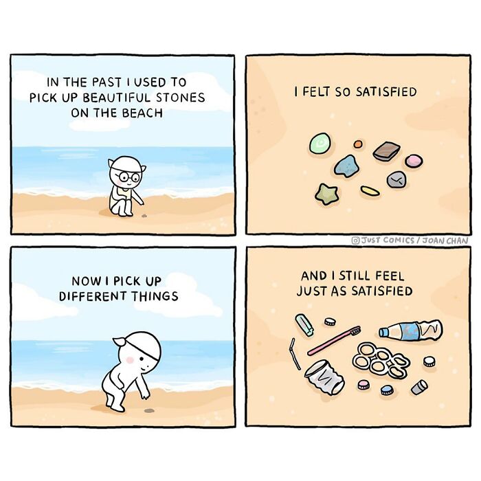 Comic panels showing a character picking up stones then trash on the beach, highlighting animal a***e and factory farming themes.