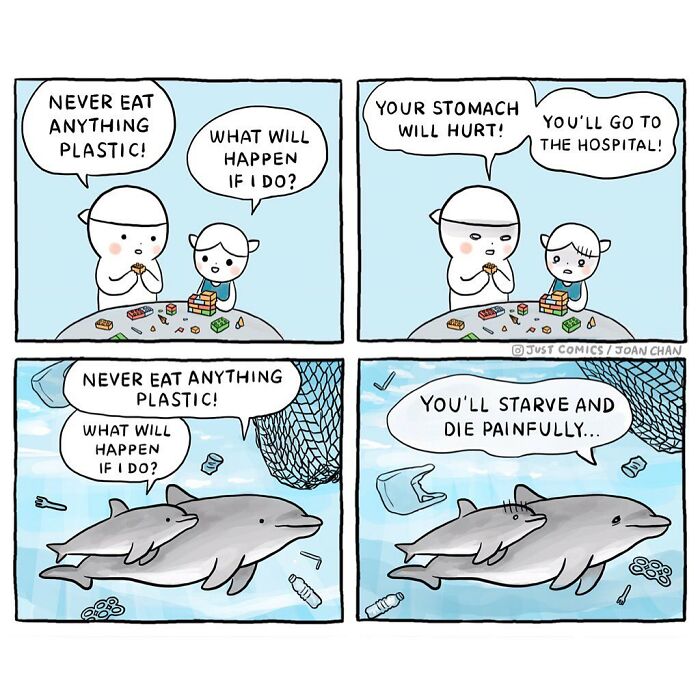 Comic panels showing a child warned about eating plastic and dolphins suffering from plastic pollution, highlighting animal a***e and factory farming.