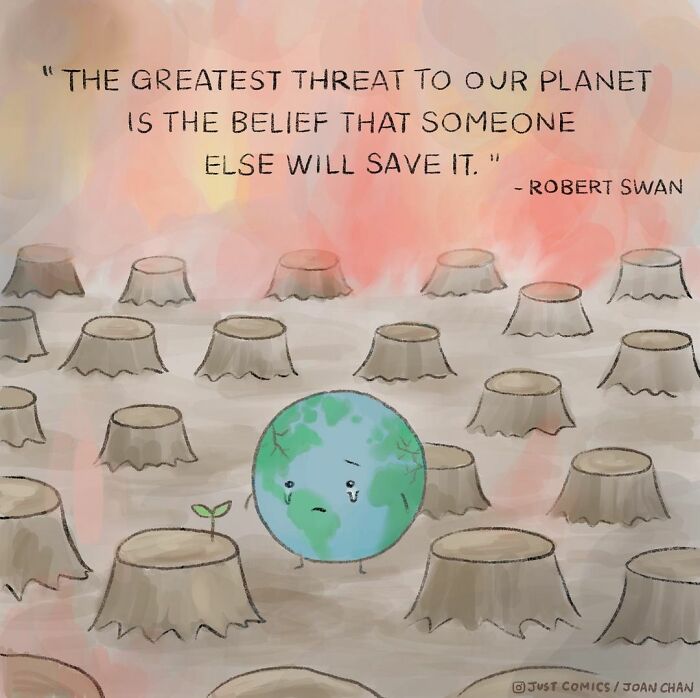 Sad Earth cartoon among tree stumps with a quote about saving the planet from a comic on animal a***e and factory farming.