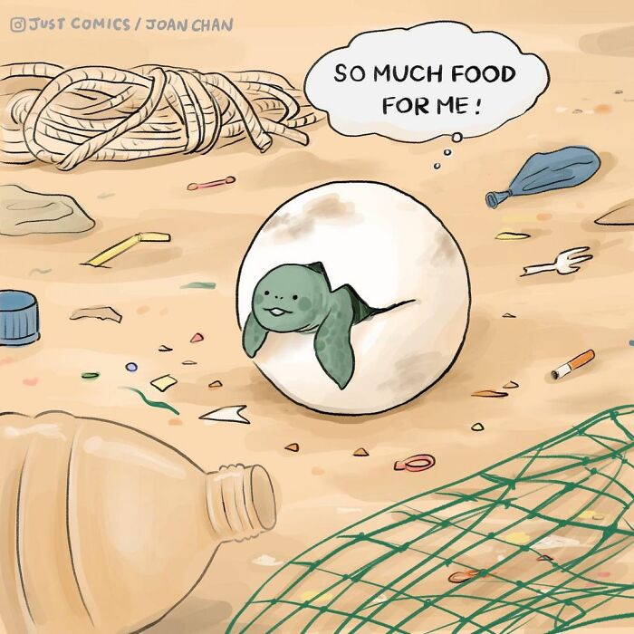 A comic showing a baby turtle in a polluted environment highlighting animal a***e and factory farming issues.