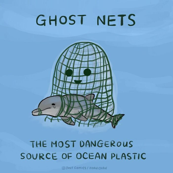 Comic illustration showing a dolphin caught in a ghost net, highlighting animal a***e and ocean plastic dangers.