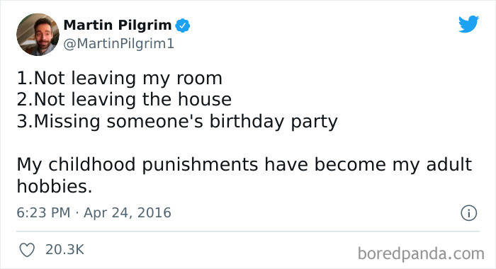 Funny meme about childhood punishments becoming adult hobbies, featuring a tweet by Martin Pilgrim.