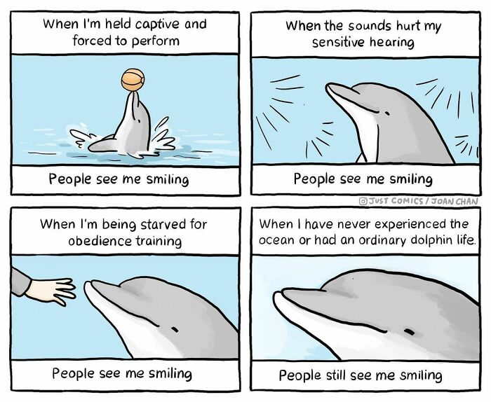 Comic panels showing a dolphin forced to perform, hurt by sounds, starved for training, and never free, highlighting animal a***e.