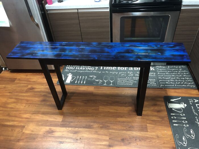 Built A Console Table/Sofa Table Out Of Scrap 1x3’s Blue Stain And A Torch. I Wish I Never Sold It.