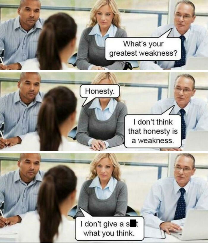 Cringy stock pic with a dad joke about an interview weakness, featuring honesty as a humorous weakness.