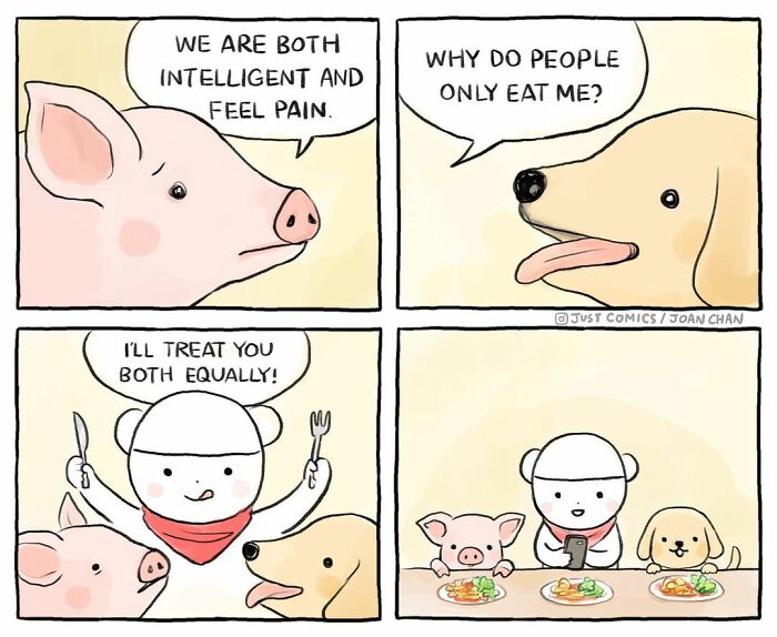 Comic depicting a pig and dog discussing pain and intelligence, highlighting animal a***e and factory farming issues.