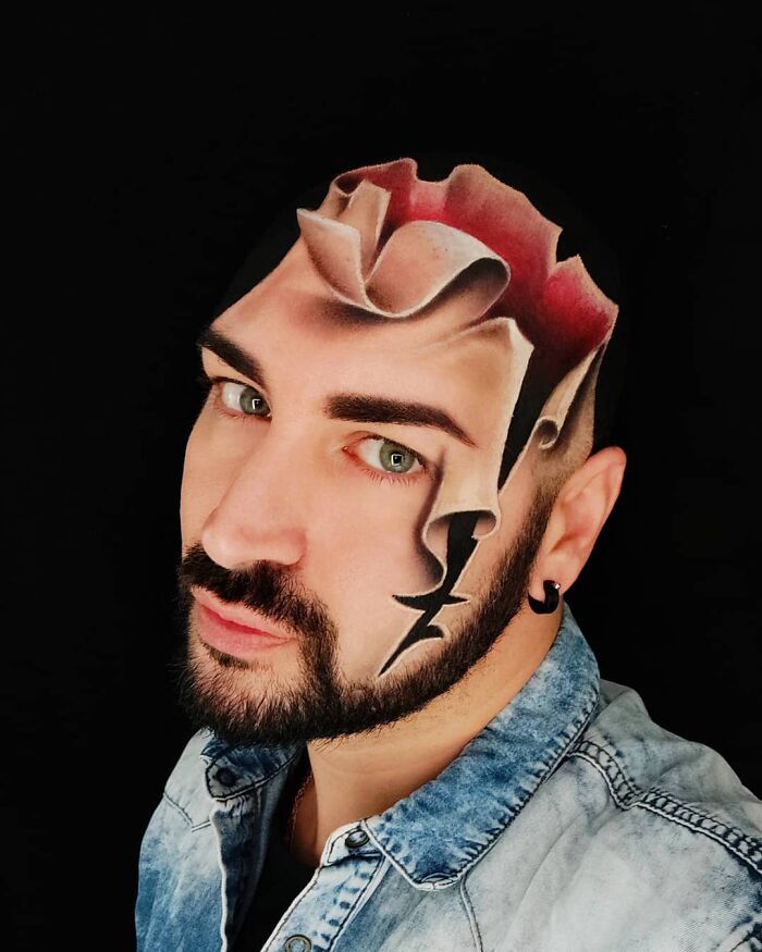 Italian artist using his body as a canvas with realistic and convincing optical illusion face paint artwork.