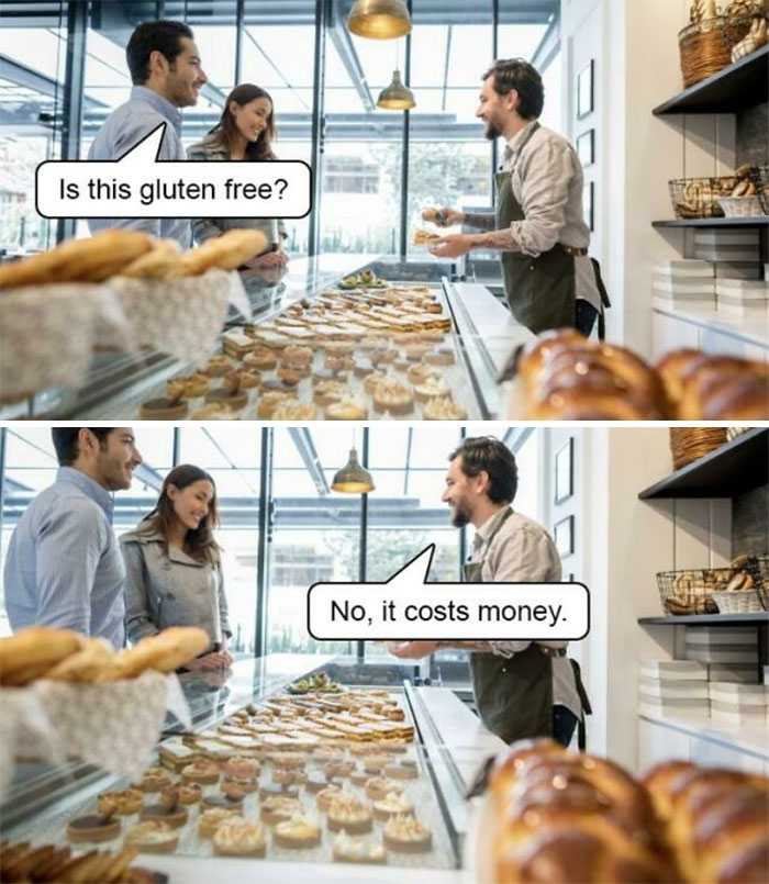 Bakery counter dad joke exchange about gluten-free items costing money, with two customers and a staff member.