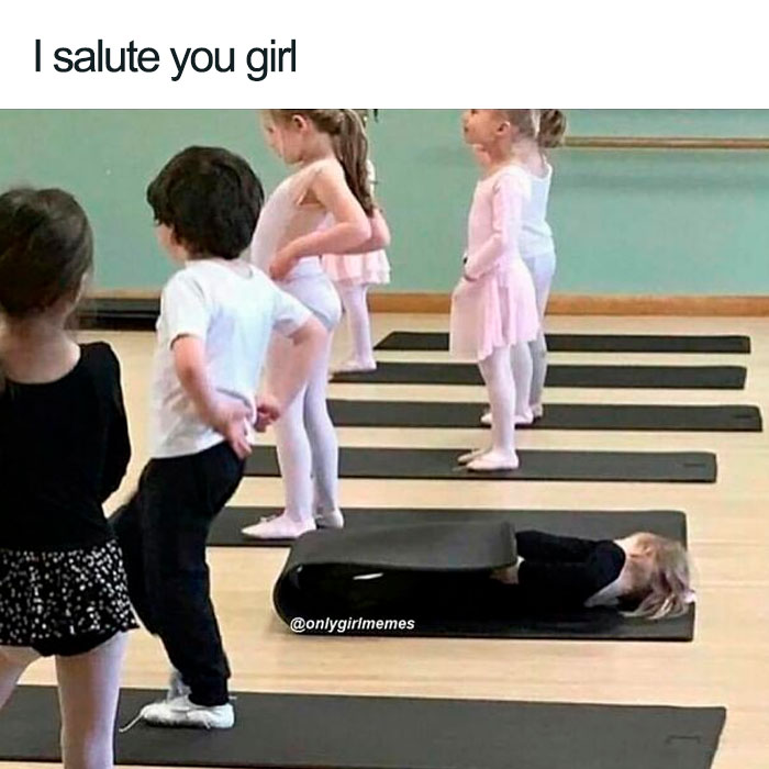 Children in ballet class, one girl humorously rolled up in a mat, showcasing funny girl memes.