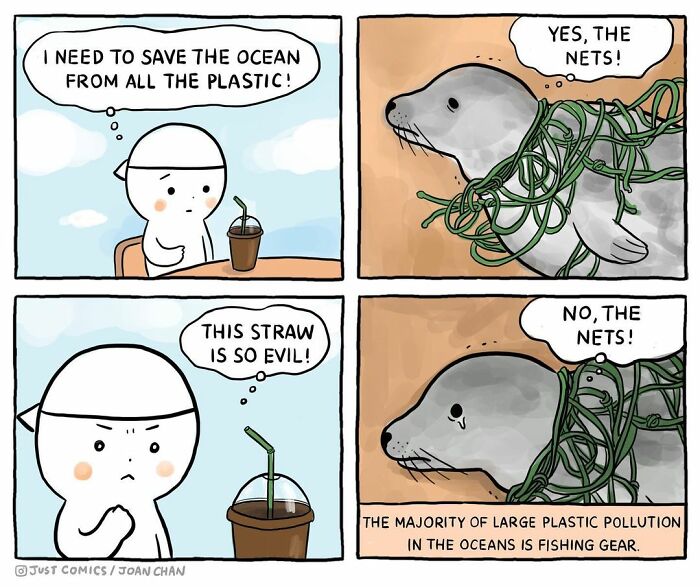 Comic illustrating animal a***e and factory farming impacts, showing ocean pollution from plastic nets harming a seal.