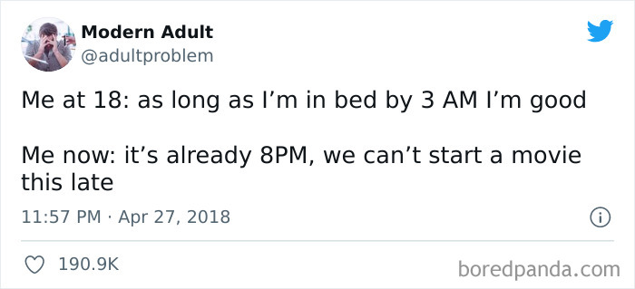 Funny adult meme contrasting late-night energy at 18 with early bedtime preferences in adulthood.