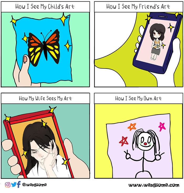 Silly slice of life comic showing different perspectives on art from child to self in a humorous style.
