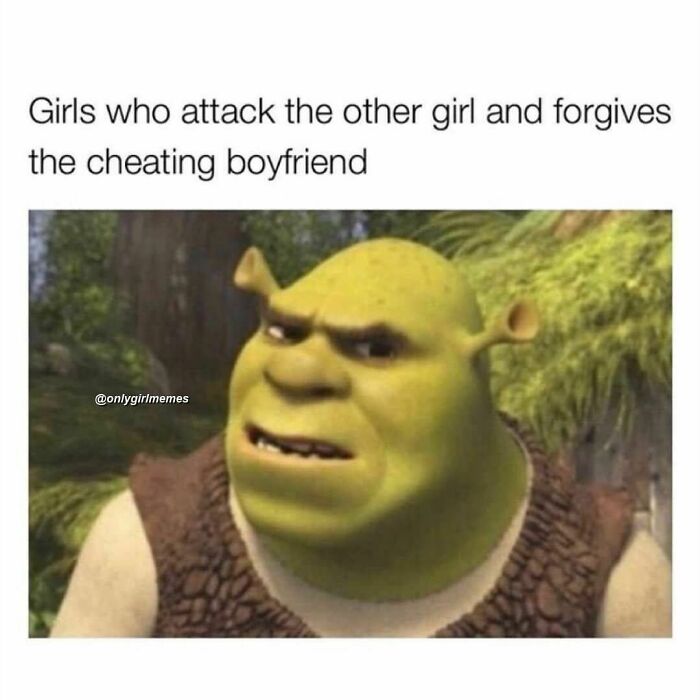 Shrek with a skeptical expression, captioned about girls' reactions to cheating boyfriends. Funniest girl memes.
