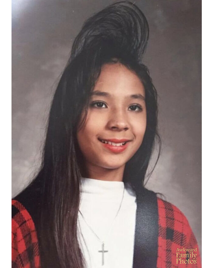 When I Was In 6th Grade, My Two Older Sisters Were Popular And Had Big Hair, And I Was An Awkward Kid So I Thought I’d Be Cool For A Day. I Went To Town On The Aquanet Hairspray. I Used Almost Half A Can To Get This Big Bang As Tall As I Could. The Photographer Literally Had To Take A Step Back To Fit My Hair In The School Photo And I Really Don’t Know How He Kept A Straight Face