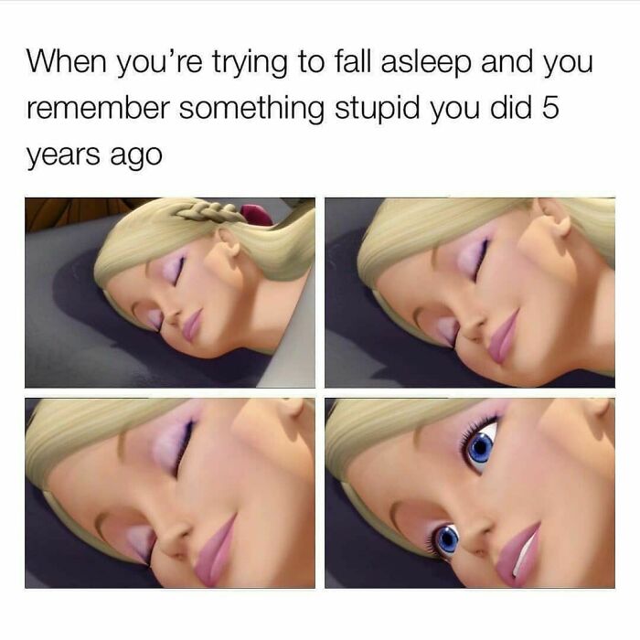 Sleeping woman meme humorously depicting sudden realization in four panels.