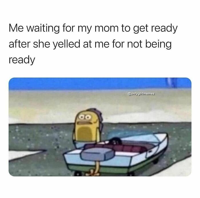 Funny woman meme with a fish character waiting in a boat, humorously depicting waiting for mom to get ready.