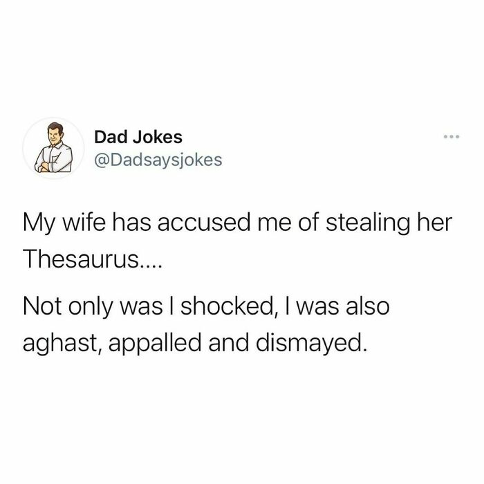 Dad joke about stealing Thesaurus, followed by synonyms for shocked, on Dad Jokes Instagram account.