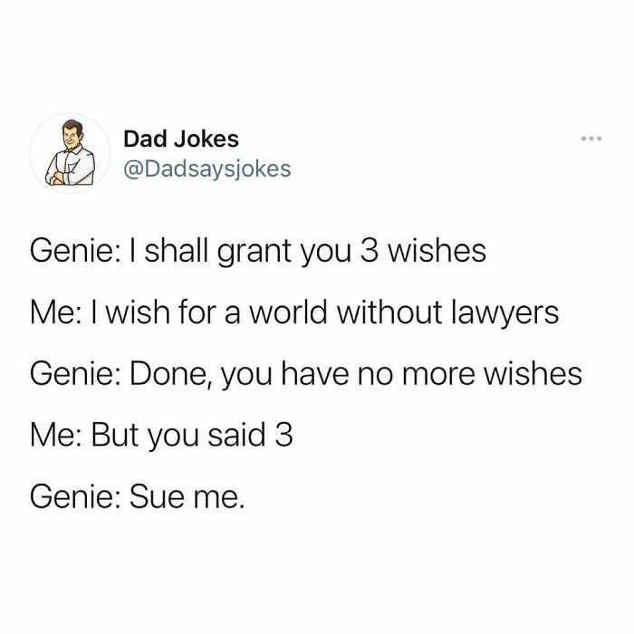 Genie and person discussing wishes in a humorous dad joke from an Instagram account dedicated to dad humor.