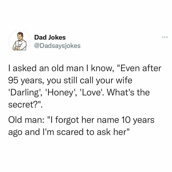 Text from Instagram account sharing dad jokes about a husband's secret to calling his wife sweet names.