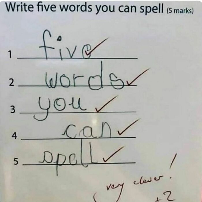 Clever dad joke with words "five words you can spell" written as answers on a worksheet.