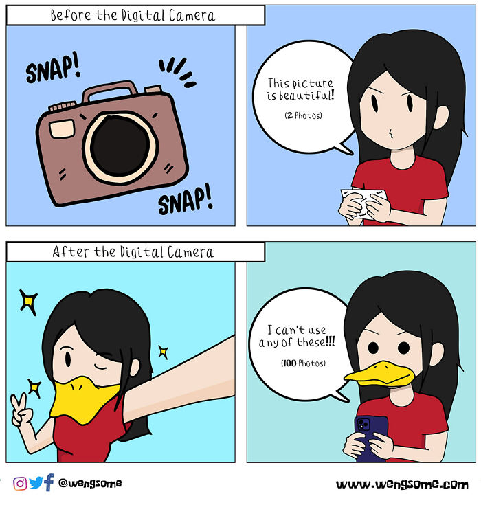 Silly slice of life comic showing difference before and after digital camera with humorous photo reactions.