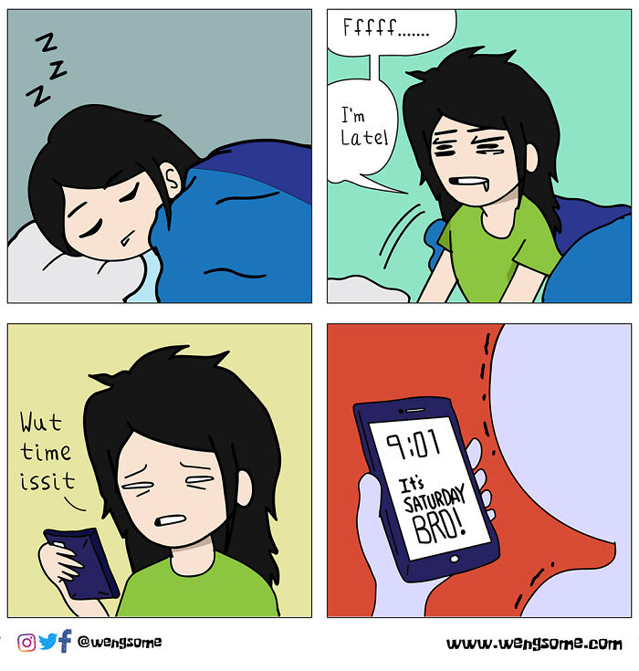Person humorously waking up late and confused in a silly slice of life comic panel series.